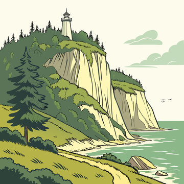Lighthouse on a cliff overlooking the ocean with a clear sky lighthouse landmark structure building architecture navigation direction maritime seafarer breakwater bulkhead coastline