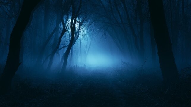 Dark mysterious forest path leading into glowing blue fog at night, bare twisted trees creating a spooky and eerie atmosphere