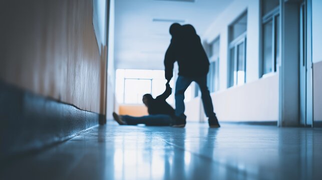 Bullying in school corridor. Student silhouette attacking child on floor, illustrating violence threat and conflict