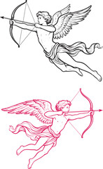 Obraz premium Cupid angel with bow and arrow line art vector for Valentine's Day and classical mythology themes