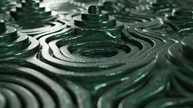 Close up of dark green layered abstract textured surface with glitter and depth effect