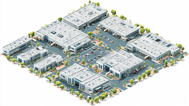 modern large commercial complex with multiple buildings and parking lots in a suburban area