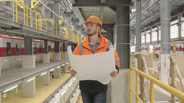Construction worker reviews detailed blueprint amidst bustling modern subway station with operational trains and extensive metal infrastructure during urban transit construction.