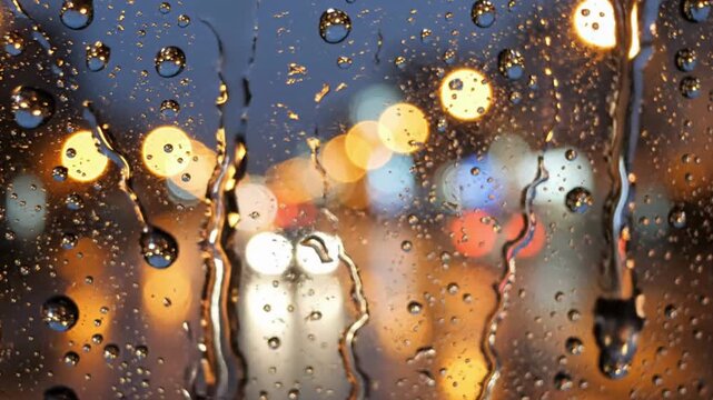 Raindrops on window glass with blurred city lights at night bokeh background