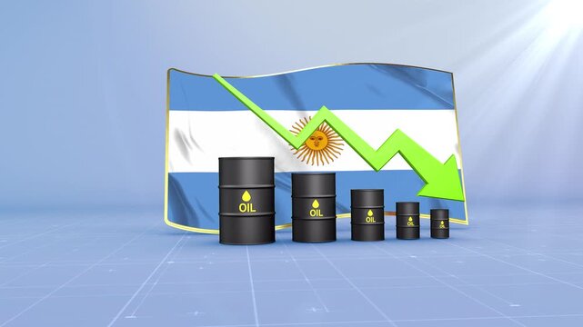 Argentina Crude Oil Price Drop with Oil Barrels Downward Green Arrow and 3D Financial Data Visualization Graphs for Economy and Business Concept