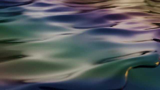 Close up of smooth water surface with colorful reflections and gentle ripples in natural light