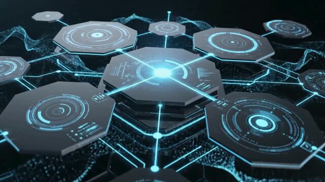 Futuristic digital network connection with glowing blue circuit lines and octagonal technology nodes
