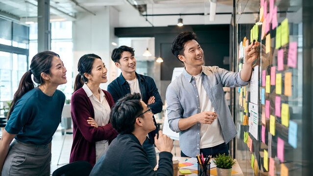 Creative Asian team working together on sticky note wall in innovation workshop