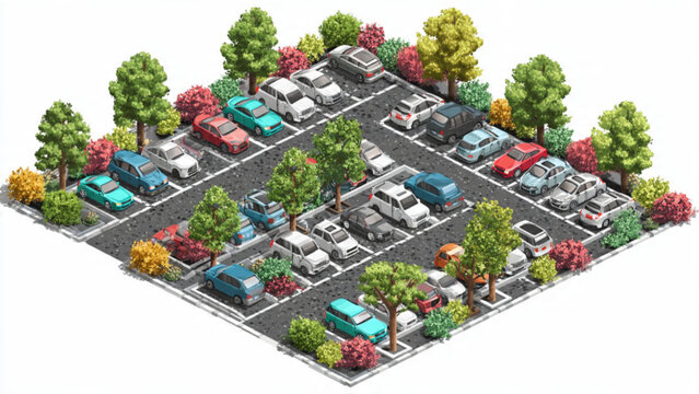 colorful parking lot with cars and surrounding trees in outdoor setting