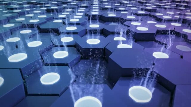 Abstract Futuristic Hexagonal Grid Network with Digital Light Particle Flow and Data Connectivity Visualization
