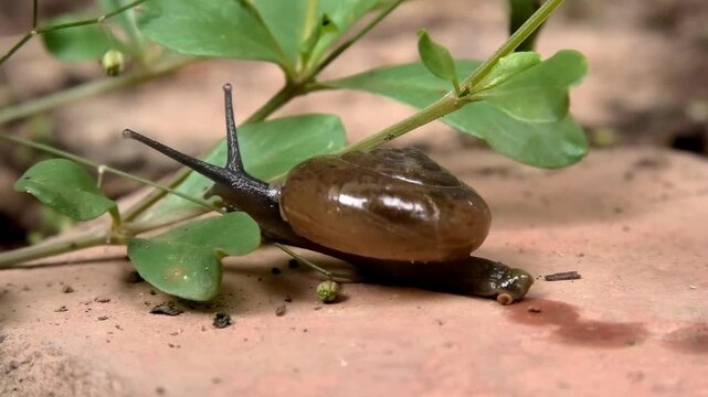 Closeup of a snail with a hard coiled shell moving slowly on the floor