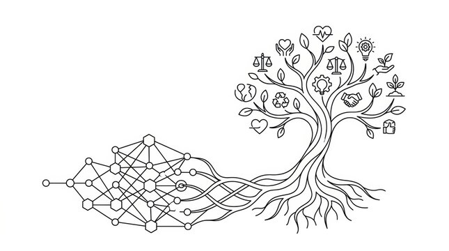 A tree with branches that symbolize values related to AI ethics, governance, and responsible technology in a clear design.