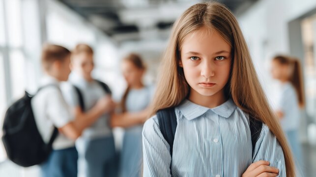 Schoolgirl feeling bullied in hallway with classmates laughing, facing peer pressure and isolation