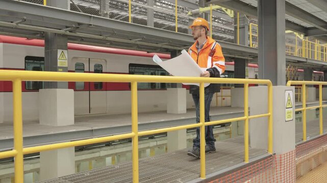 Construction worker analyzes blueprint on dark station platform with safety vest and hard hat-detailed site assessment for building project planning and modern infrastructure development.