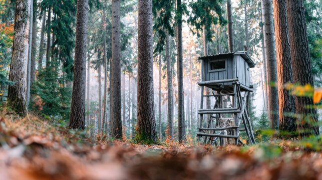 Wooden hunting tower hidden in a tall forest, morning sunlight illuminating tree trunks and autumn leaves