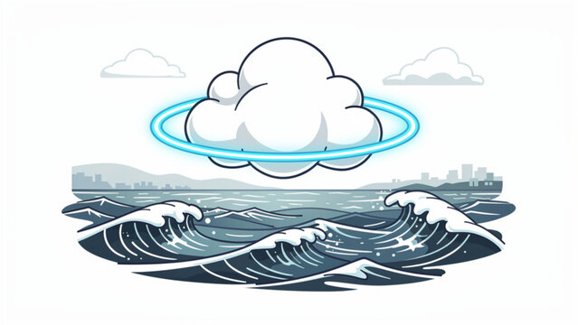 Dramatic weather scene with swirling cloud and turbulent ocean waves during storm in grey tones