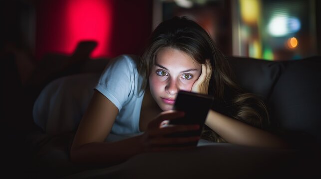 Teenage girl experiencing social media stress, lying on couch at night and staring anxiously at smartphone screen