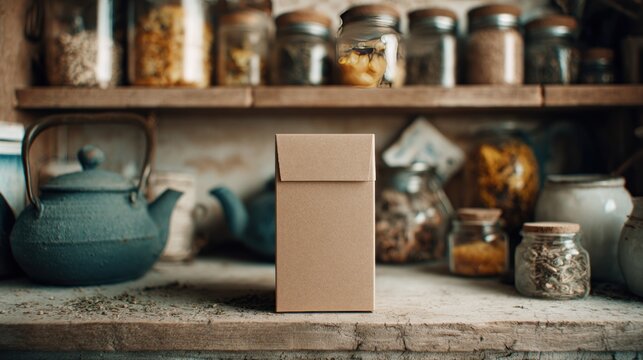 Teabags jars shelf rustic kitchen