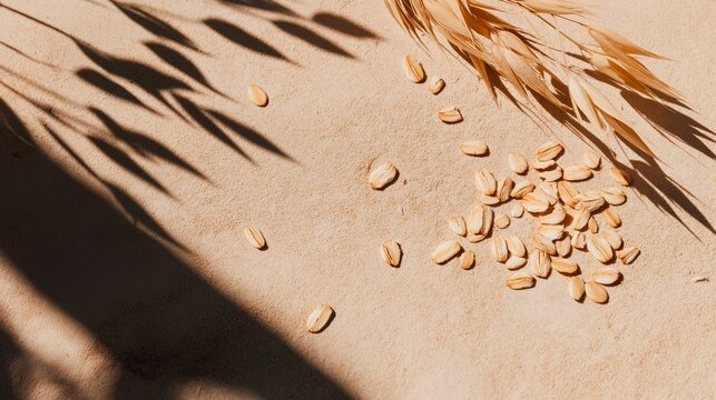 Scattered oat grains and a dried oat ear on a textured beige surface, featuring natural light and warm shadows