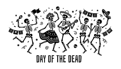 Obraz premium Dancing Skeletons Silhouette Dia de los Muertos Celebration
