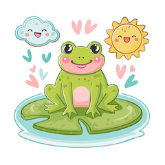 Obraz premium Happy cartoon frog on lily pad with sun and cloud