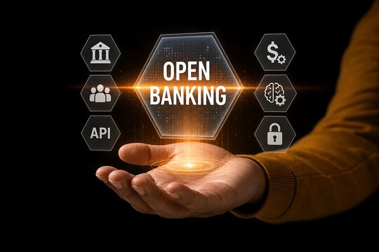 Hand holding open banking technology concept with digital finance icons and api integration