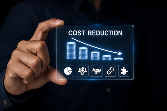Hand pointing at cost reduction strategy icons with financial savings and efficiency concepts