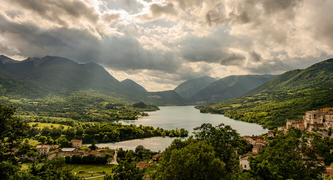 Barrea and its lake. Abruzzo. Spectacular spring panorama