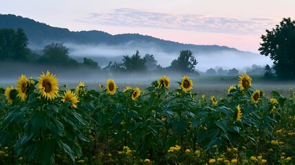 Obraz premium A vibrant green sunflower field is bathed in bright morning sunlight featuring drifting clouds and rising mist
