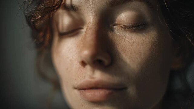 Close up portrait of young woman with closed eyes and freckled skin
