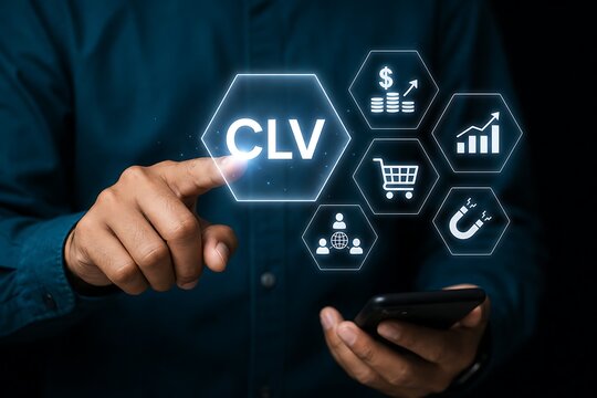 Hand touching clv customer lifetime value business metrics dashboard with icons