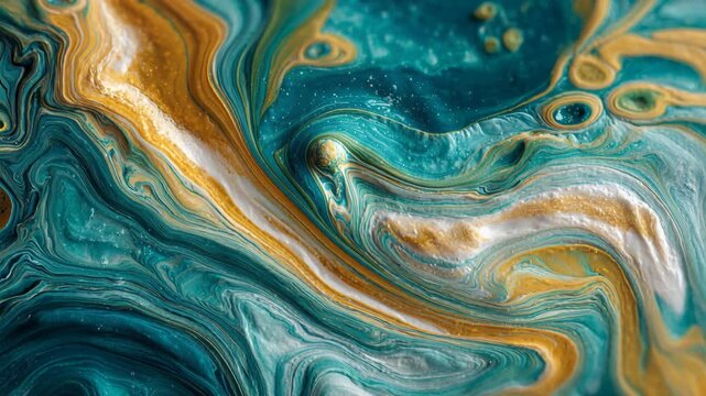 Abstract turquoise gold marble fluid painting with flowing organic patterns
