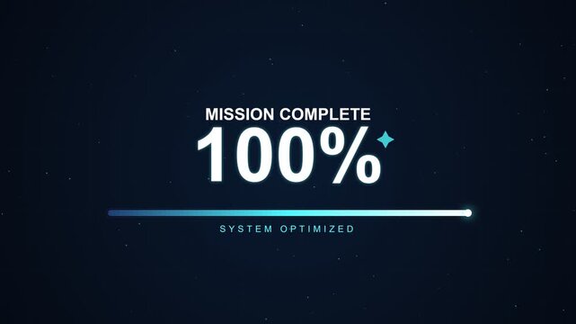 Mission complete progress bar with system optimized text and blue glowing digital percentage count