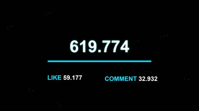 Social media interface counter showing follower statistics with like and comment counts on black