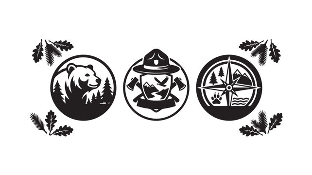 Black and white ranger badges with bear, hat, and compass on white background for outdoor adventure and conservation concepts