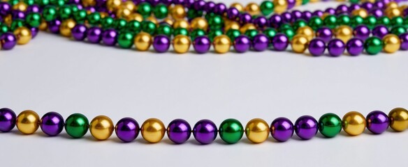 Fototapeta premium Colorful Mardi Gras bead garland in purple, green, and gold highlighting a festive backdrop with event space.