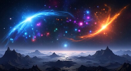 Fototapeta premium Vibrant Cosmic Landscape with Stellar Explosion.