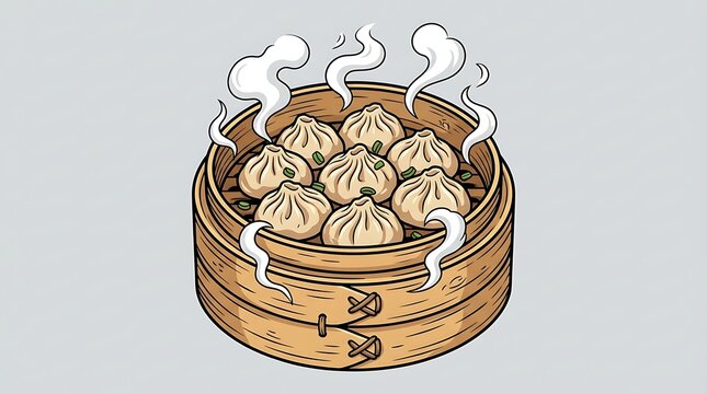Steaming fresh dumplings in a traditional bamboo steamer