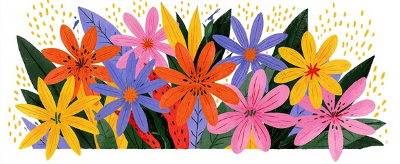 Fototapeta premium Colorful spring-themed bouquet featuring playful petals and leaves, ideal for seasonal greetings and festive designs.
