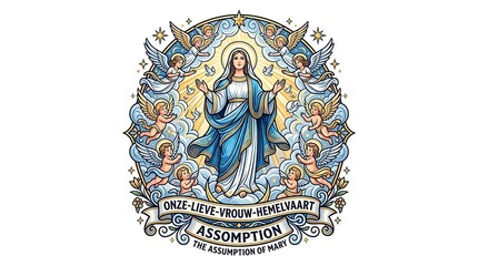 Obraz premium Assumption of mary religious illustration with angels and light