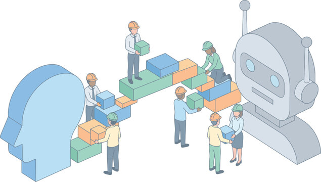 AI robot assists people working on an assembly line production process