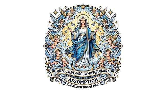 Assumption of mary religious illustration with angels and light