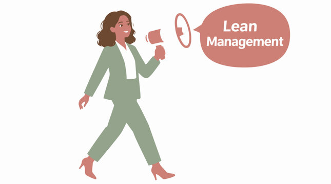 Businesswoman walking with megaphone and lean management sign.