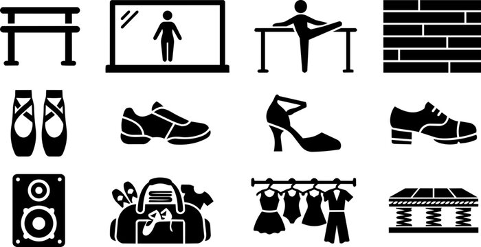 Dance Studio Equipment Silhouette Icon Set