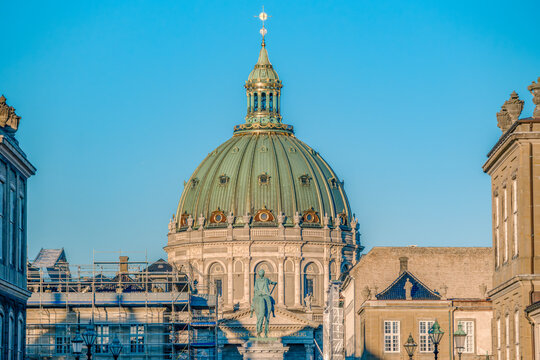 Marble Church (Frederiks Kirke) Dome From Amalienborg Palace With King Frederik V Statue, Baroque Architecture, Copenhagen