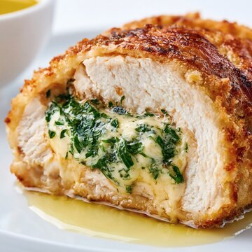 Sliced chicken kiev stuffed with herb butter, showing melted filling, close up on white plate