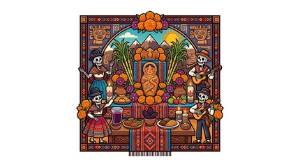 Fototapeta premium Vibrant day of the dead celebration with skeletons and traditional altar