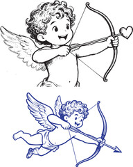 Obraz premium Cupid cherub illustration with bow and heart arrow line art vector for Valentine's Day and romantic themes