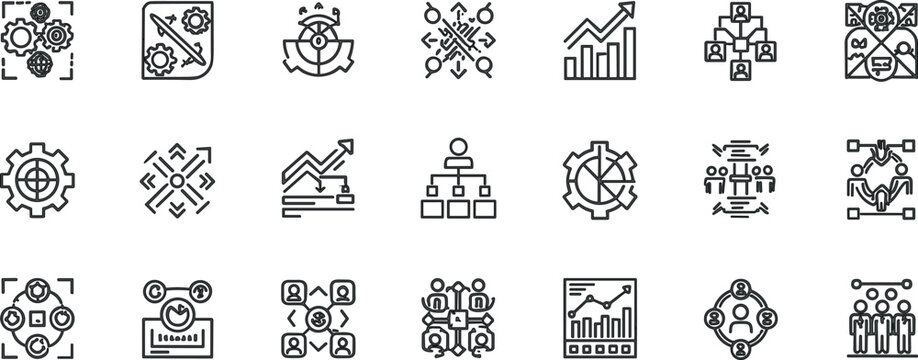  Corporate management and business strategy line icons set containing workflow structure team collaboration financial charts and company development elements
