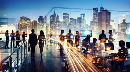 Obraz premium Silhouettes of business people working and walking in a modern office with a cityscape at dusk with light trails